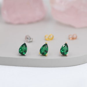 Sterling Silver Emerald Green Droplet Stud Earrings, Pear Cut Emerald Earrings, May Birthstone CZ Earrings, Silver, Gold or Rose Gold image 5