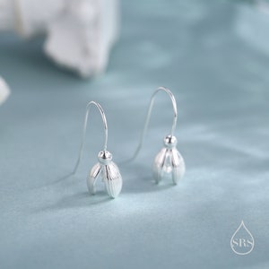 May include: A pair of silver-colored drop earrings. Each earring features a stylized flower design with delicate petal details and a curved hook. The earrings are displayed against a soft, light blue background.