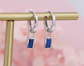 Sapphire Blue Baguette CZ Huggie Hoop in Sterling Silver, Silver or Gold, Minimalist Simple Hoop Earrings, Detachable and Interchangeable