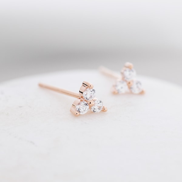 Very Tiny Three Dot Trio Stud Earrings in Sterling Silver with Sparkly CZ Crystals, Silver, Gold, Rose Gold