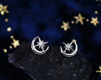 Delicate Moon and Star Stud Earrings in Sterling Silver, Silver, Gold or  Rose Gold, Small Moon Earrings, Celestial Jewellery