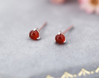 Natural Red Carnelian Stud Earrings in Sterling Silver, Semi-Precious Gemstone Earrings, 3mm and 3 prong Genuine  Red Onyx Earrings