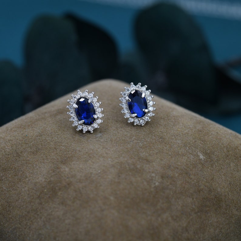 Sapphire Blue CZ Stud Earrings in Sterling Silver, Blue Oval Crystal Stud Earrings, September Birthstone zdjęcie 1