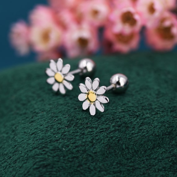Orecchini a vite in argento sterling 18G con fiorellino di margherita - Italia