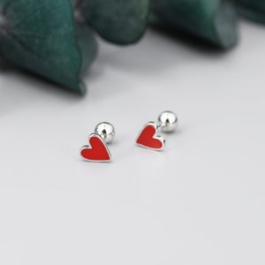 Red Enamel Heart Screwback Earrings in Sterling Silver, Silver or Gold, Delicate Heart Earrings, Heart Barbell Earrings, Screw Back image 3