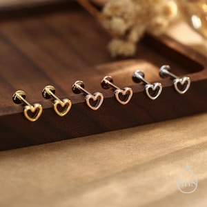 Tiny Open Heart Flat Back / Screw Back Earrings in Sterling Silver, Silver, Gold or Rose Gold, Geometric Minimalist Design