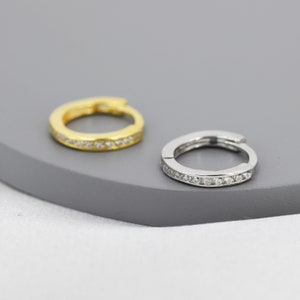 Extra Skinny Clear CZ Huggie Hoop in Sterling Silver, Silver or Gold, 8mm Inner Diameter Hoop Earrings, April Birthstone image 2
