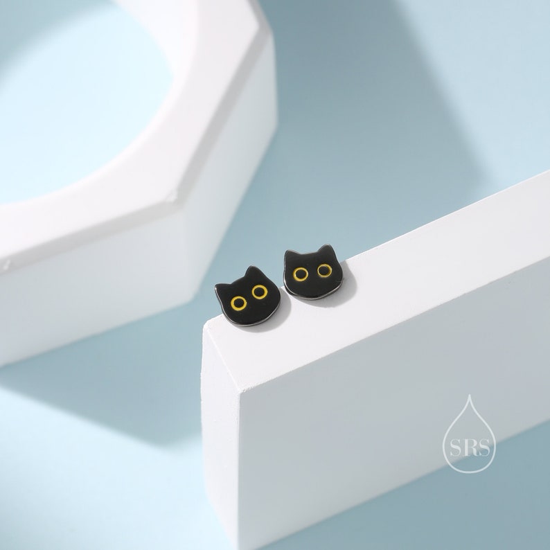 Black Cat Stud Earrings in Sterling Silver, Black Rhodium Coated Cat Earrings, Cute Cat Earrings, Silver Cat Earrings, Nature Inspired image 1