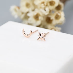 Mismatched Starburst and Moon Stud Earrings in Sterling Silver, Silver or Gold or Rose Gold, Asymmetric CZ Star and Crescent Moon Earrings image 5