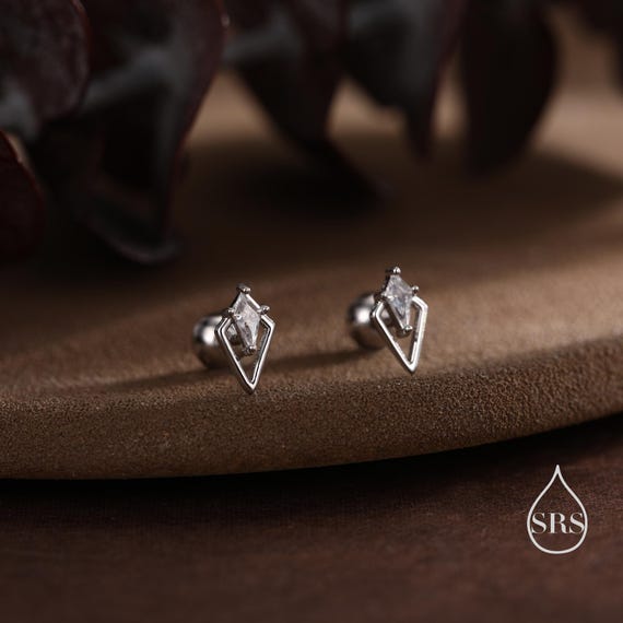 Art Deco Inspired Tiny Rhombus Screw Back / Internally Threaded Flat Back/Stud CZ Earrings in Sterling Silver, Silver or Gold or Rose Gold