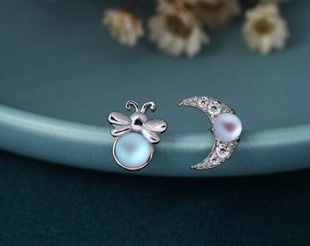 Mismatched Firefly and Moon Stud Earrings in Sterling Silver, Asymmetric Firefly and Moon Earrings with Moonstone, Cute and Fun