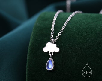 Rain Cloud Pendant Necklace in Sterling Silver with Moonstone, Cloud Necklace with Simulated Moonstone - Cute Quirky and Fun Fish Jewellery