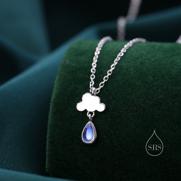 Collier pendentif Rain Cloud en argent sterling avec pierre de lune, collier nuage avec pierre de lune simulée - Bijoux de poisson mignons et amusants