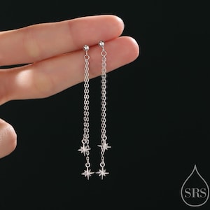 Pendientes minimalistas de estrella fugaz en plata de ley, plata, oro u oro rosa. Pequeños pendientes colgantes de cadena con forma de estrella.