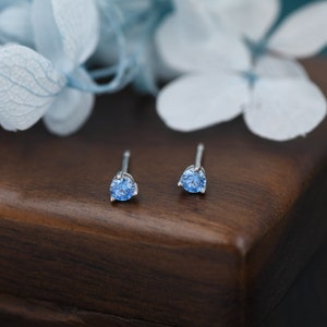 Aquamarine Blue CZ Stud Earrings in Sterling Silver, 3mm, Three Prong, Blue Stacking Earrings image 1