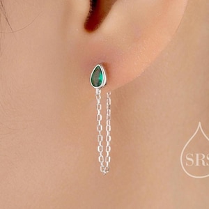 Tiny Emerald Green Droplet CZ Dangle Chain Stud Earrings in Sterling Silver, Silver or Gold, Pear Shape Ear Jacket, Front and Back Earrings