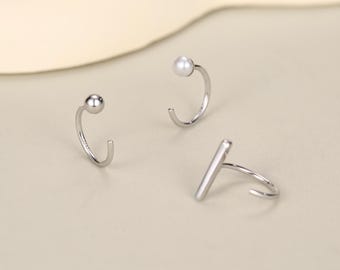 Set of Three Sterling Silver  Pearl Bar Sphere Open Hoop Earrings
