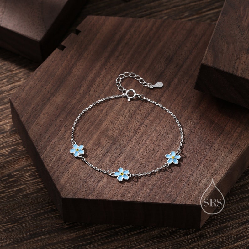 Pulsera con motivo de flores Nomeolvides de esmalte en plata de ley, pulsera de flores, pulsera de flores, pulsera de flores nomeolvides imagen 1