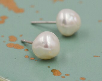 Genuine Fresh Water Pearls Drop Stud Earrings in Sterling Silver, Baroque Pearl, Keshi Pearl Earrings, Simple and Minimalist, Contemporary