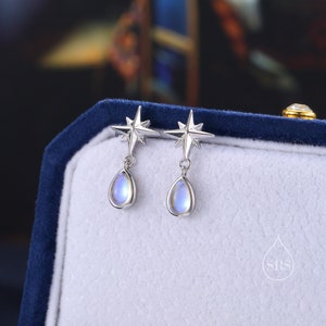 Kleine Starburst en Dangle Moonstone-oorknopjes in sterlingzilver, zilver, goud of roségoud, steroorbellen, Sunburst-oorbellen, celestial