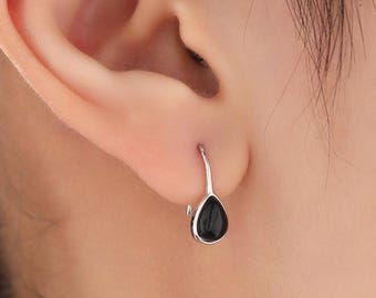 Genuine Black Onyx Pear Cut Drop Hook Earrings in Sterling Silver, Delicate Natural Black Onyx Earrings, Pear Droplet Black Onyx Earrings