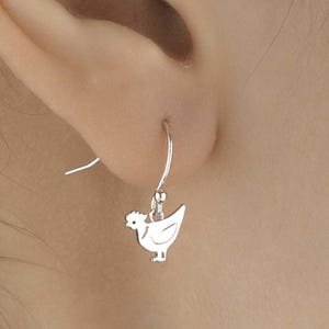Chicken Drop Hook Earrings in Sterling Silver, Silver or Gold or Rose Gold, Nature Inspired Chicken Earrings, Farm Animal Earrings