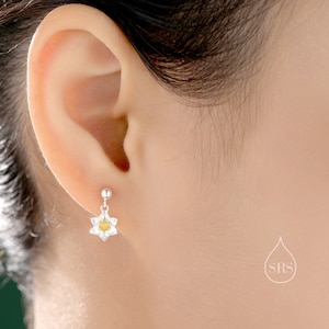 Daffodil Drop Stud Earrings in Sterling Silver, Tiny Daffodil Flower Dangle Earrings, Small Daffodil Earrings, Birth Flower for March image 2