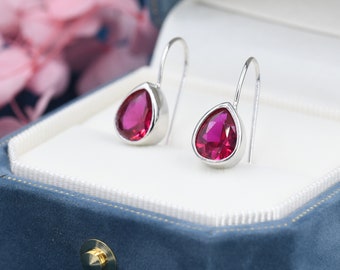 Sterling Silver Ruby Red Red Droplet Drop Earrings in Sterling Silver, Silver or Gold, Chunky Pear Shape Hook Earrings