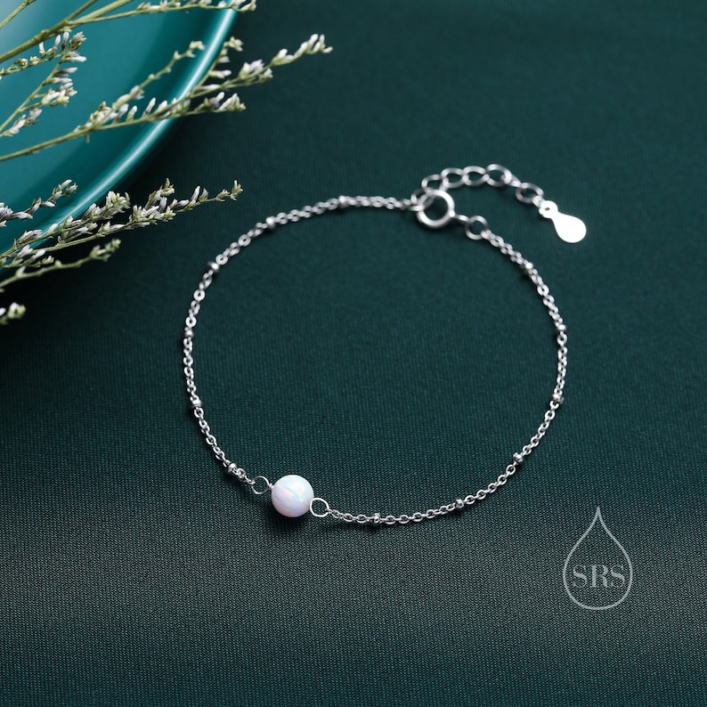 White Opal Bead Bracelet in Sterling Silver, Blue Opal Bracelet , Single Opal Bracelet, Genuine Opal Crystal, Lab Opal Bracelet image 1