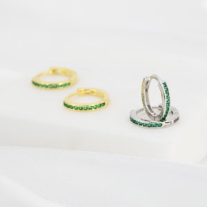 Extra Skinny Emerald Green CZ Huggie Hoop in Sterling Silver, Silver or Gold,  8mm Inner Diameter Hoop Earrings, May Birthstone