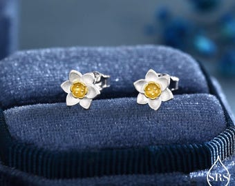 Sterling Silver Daffodil Flower Jewellery, Pretty and Cute Blossom Flower Stud Earrings , Sand Blasted Finish with Partial 18ct Gold Plating
