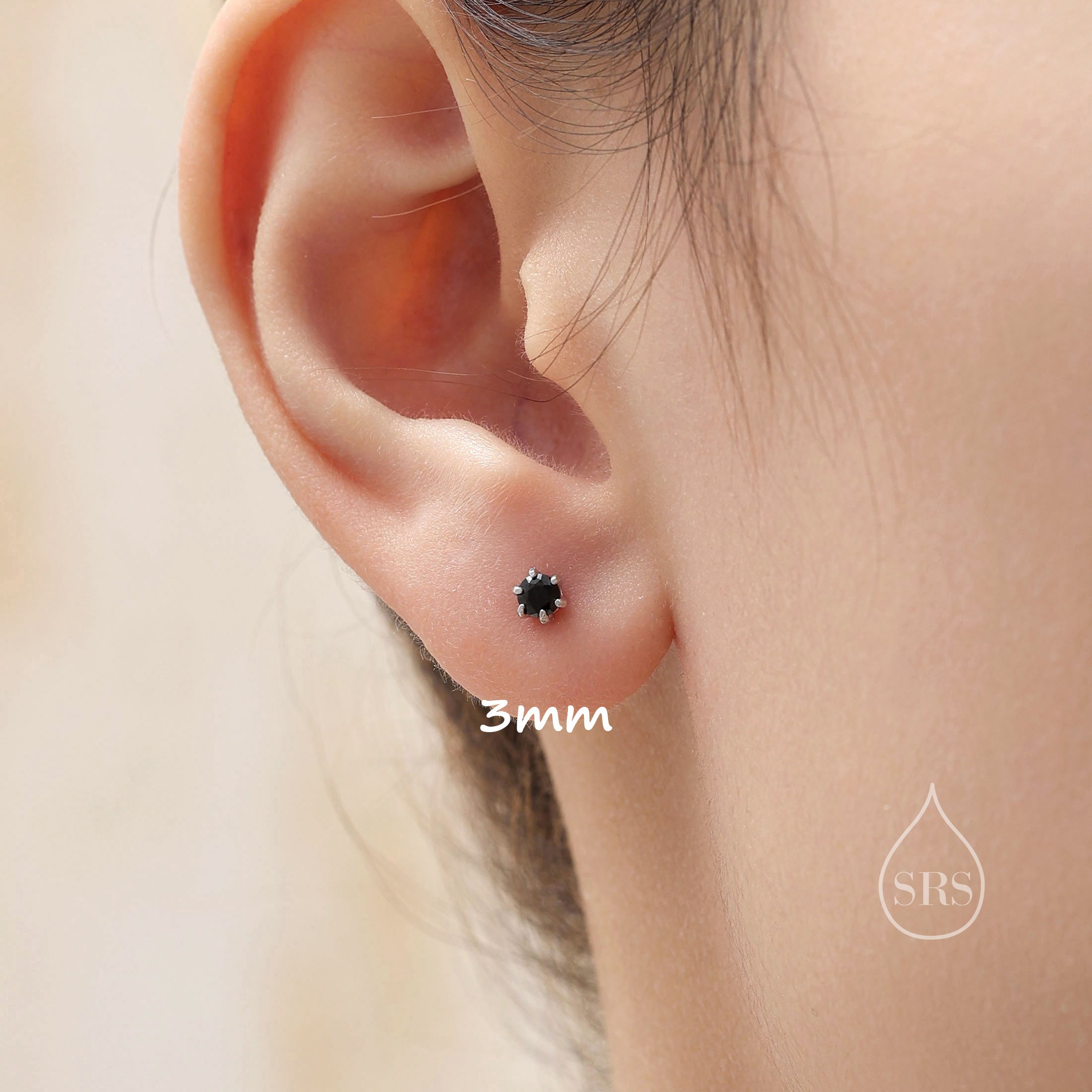 Prong Set Black CZ Stud Earrings in Sterling Silver, Silver