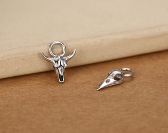 Sterling Silver Mismatched Bird and Bull Skull Earring Charms for Hoop Earrings