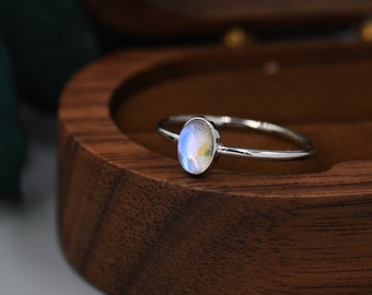 Moonstone Oval Ring in Sterling Silver, US 5 - 8,  Delicate Opal Stone Ring, Lab Moonstone Ring, Lab Moonstone Ring