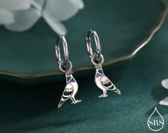 Pigeon Enamel Huggie Hoop Earrings in Sterling Silver, Detachable Pigeon Bird Hoop Earrings, Nature-Inspired Animal Earrings