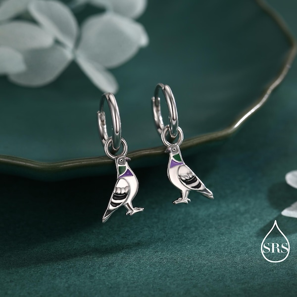 Pigeon Enamel Huggie Hoop Earrings in Sterling Silver, Detachable Pigeon Bird Hoop Earrings, Nature-Inspired Animal Earrings