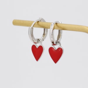Red Enamel Heart Earrings in Sterling Silver, Detachable Heart Charm Dangle Hoop Earrings, Interchangeable