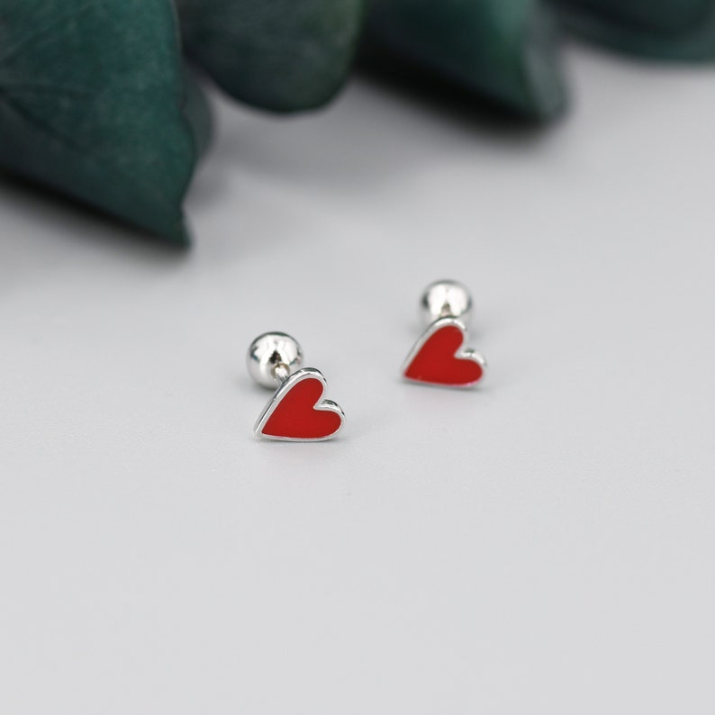 Red Enamel Heart Screwback Earrings in Sterling Silver, Silver or Gold, Delicate Heart Earrings, Heart Barbell Earrings, Screw Back image 1