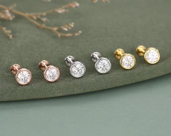 Sterling Silver 5mm Round Moissanite Bezel 16G Flat Back Labret Earrings