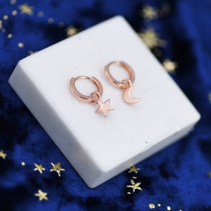 Mismatched Moon and Star Charm Huggie Hoop Earrings, Detachable Charm Hoops, Celestial Earrings, Silver, Gold and Rose Gold zdjęcie 7