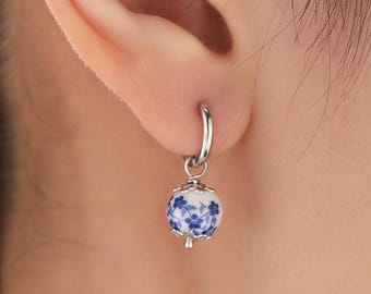 Ceramic Beads Hoop Earrings in Sterling Silver, Silver or Gold , 6mm or 8mm Porcelain Beads, Ceramic Beads Earrings