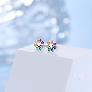 Emaille lächelnde Blumen Ohrstecker in Sterling Silber, Silber Regenbogen Blume Ohrringe, Multi Color Blume Ohrstecker in Sterling Silber