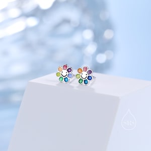 Enamel Smiling Flower Stud Earrings in Sterling Silver,  Silver Rainbow Flower Earrings, Multi Colour Flower Stud in Sterling Silver