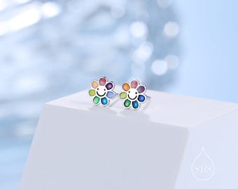 Emaille Lachende Bloem Stud Oorbellen in Sterling Zilver, Zilveren Regenboog Bloem Oorbellen, Multi Color Flower Stud in Sterling Zilver