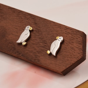 Puffin Bird Stud Earrings in Sterling Silver Gold and Silver Two Tone Cute, Fun, Whimsical and Pretty Jewellery image 5