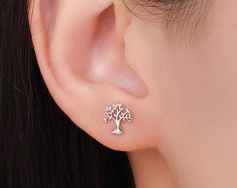 Orecchini a bottone Tiny Tree in argento sterling, argento o oro o oro rosa, orecchini in argento sterling con albero della vita