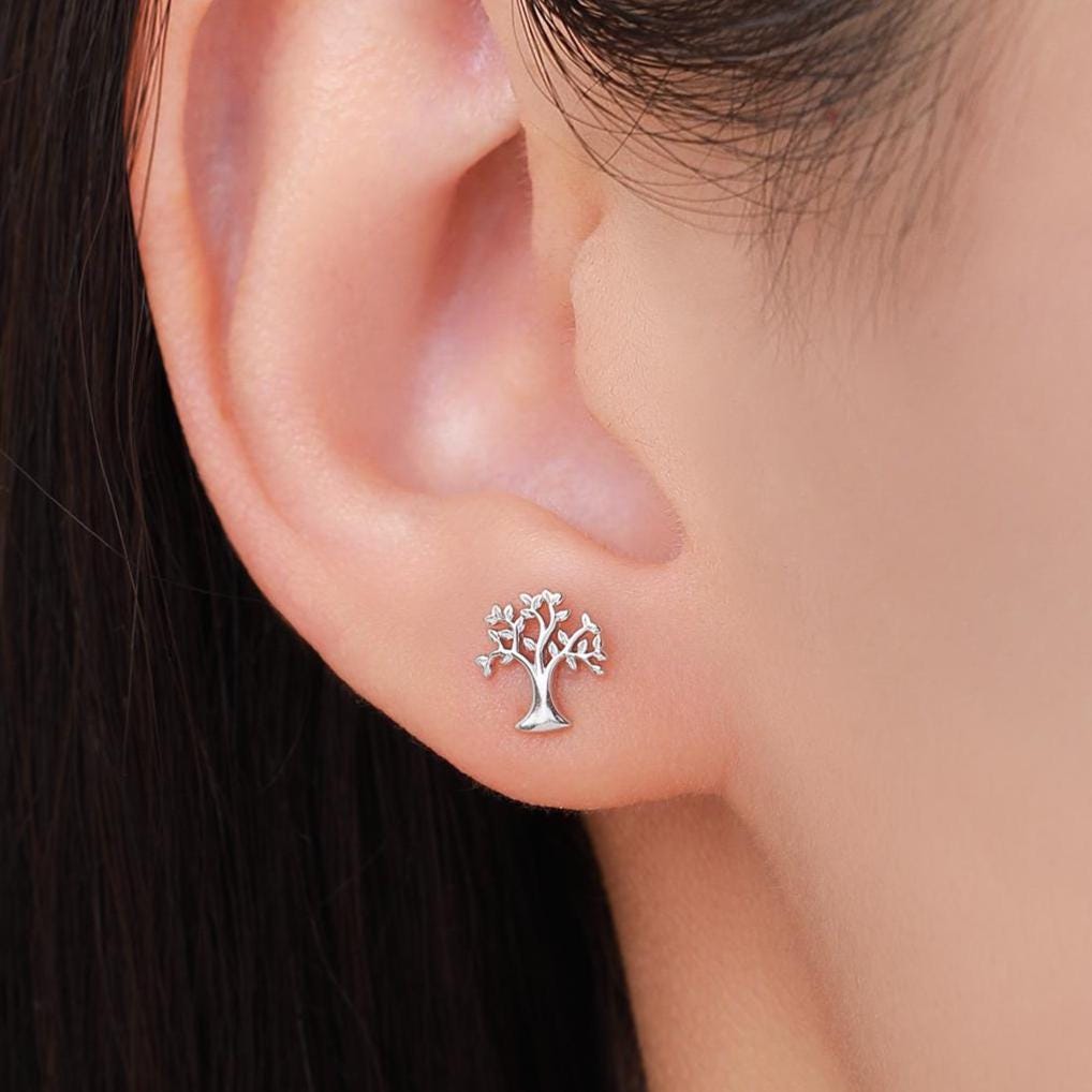925 Sterling Silver Tree Of Life Stud Earrings – 10mm, Oxidised & Plain Silver Finish