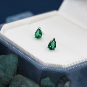 Sterling Silver Emerald Green Droplet Stud Earrings, Pear Cut Emerald Earrings, May Birthstone CZ Earrings, Silver, Gold or Rose Gold image 1