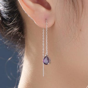 Amethyst Purple Droplet Threader Earrings in Sterling Silver, Silver or Gold,  Pear Cut CZ Long Ear Threaders, Sparkly CZ Threaders