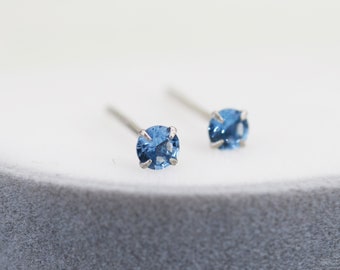 Sterling Silver December Birthstone Earrings, Tanzanite Blue Stud Earrings, Extra Tiny Crystal Stud, 3mm Birthstone CZ Earrings
